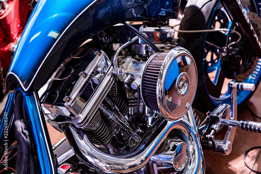 Engine close up shot of beautiful and custom made motorcycle Engine close up shot of beautiful and custom made motorcycle