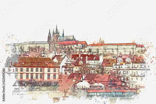 illustration of a beautiful view of Prague in the Czech Republic. Watercolor sketch