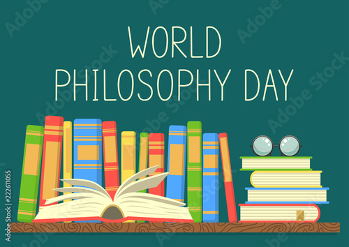 World Philosophy Day. Books on shelf with open book and glasses on teal background. Vector illustration.