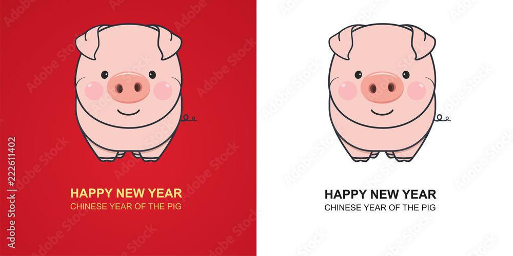 Cute pig on red and white background. Chinese New Year of the Pig. Cute pig on red and white background. Chinese New Year of the Pig.