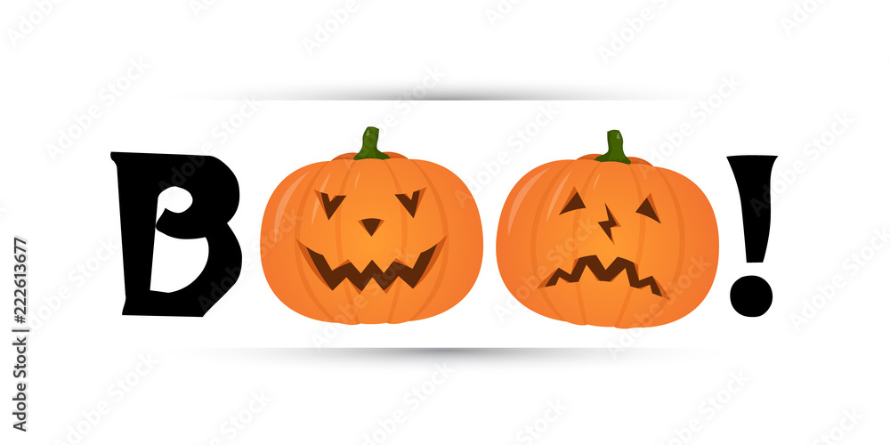 Halloween party flyer design. Stylized inscription BOO with pumpkin. Vector design template.