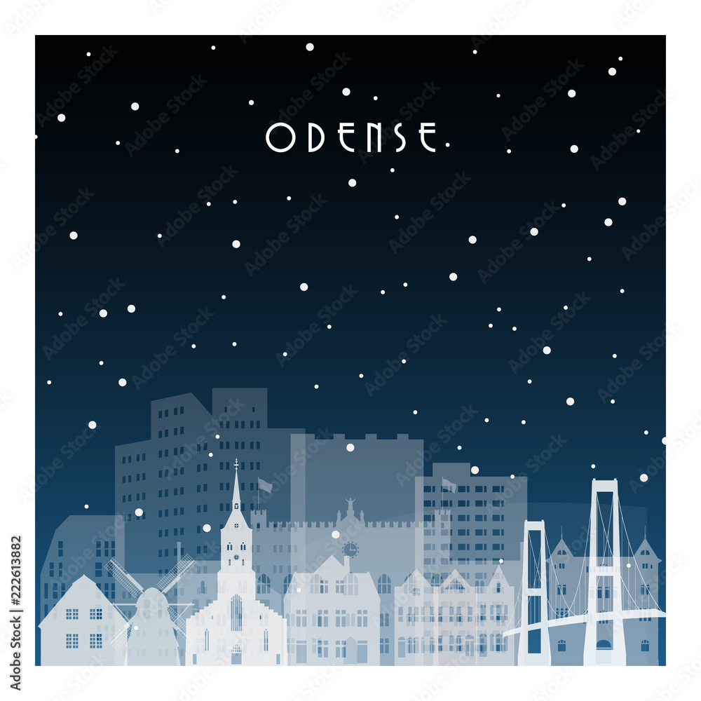 Winter night in Odense. Night city in flat style for banner, poster, illustration, background.