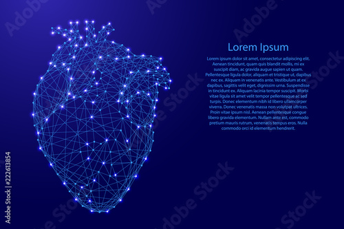 Heart anatomical human organ from futuristic polygonal blue lines and glowing stars for banner, poster, greeting card. Vector illustration.