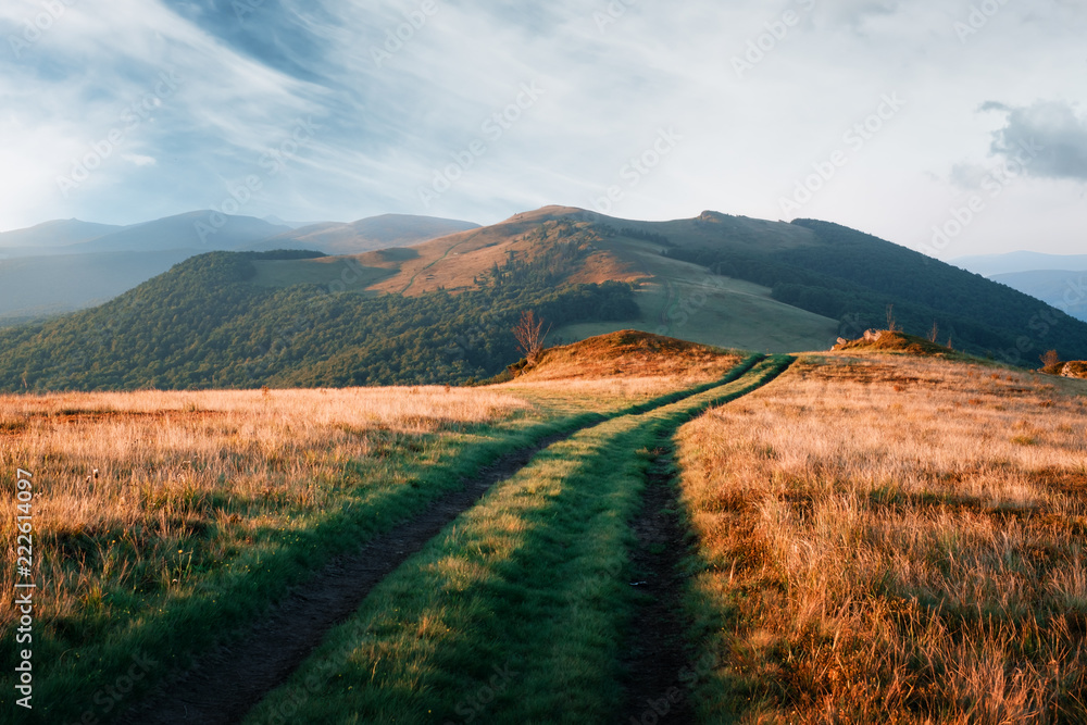 Amazing scene on autumn mountains. Orange grass and rural road in fantastic morning sunlight. Carpathians, Europe. Landscape photography Amazing scene on autumn mountains. Orange grass and rural road in fantastic morning sunlight. Carpathians, Europe. Landscape photography