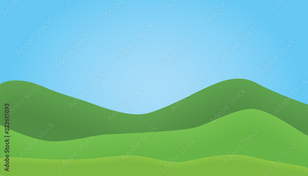 Flat design illustration of mountain landscape with hills under blue sky