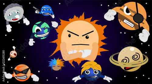 Cartoon show sign of solar system nine star and one sun.