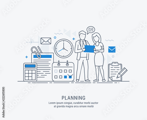 Flat line illustration of business planning, market research, analysis, business management, strategy, finance and investment, business success. For web banners and printed materials.