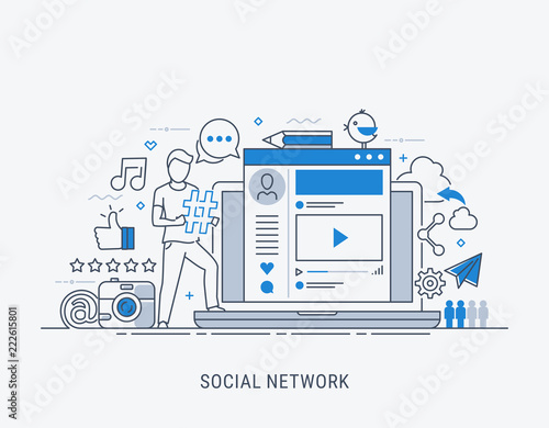 Computer, global networks and social media concept. Flat modern line-art vector illustration.