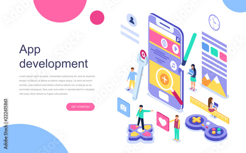 Modern flat design isometric concept of App Development for banner and website. Landing page template. Mobile application, user and developer group. Vector illustration.