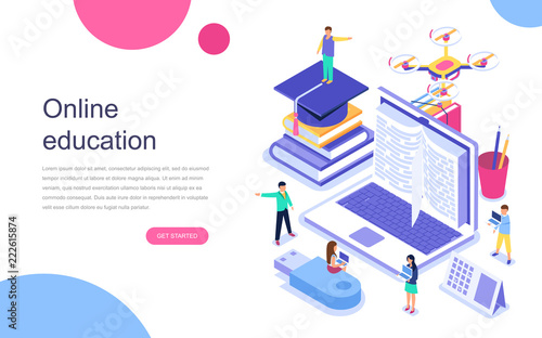 Modern flat design isometric concept of Online Education for banner and website. Landing page template. Graduation, e-learning research, college research, back to school concept. Vector illustration.
