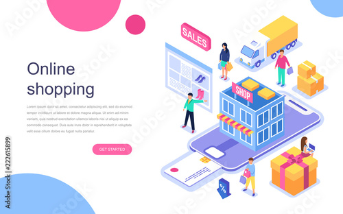 Modern flat design isometric concept of Online Shopping for banner and website. Landing page template. Commercial checkout pay, ecommerce retail on device for customer apps. Vector illustration.
