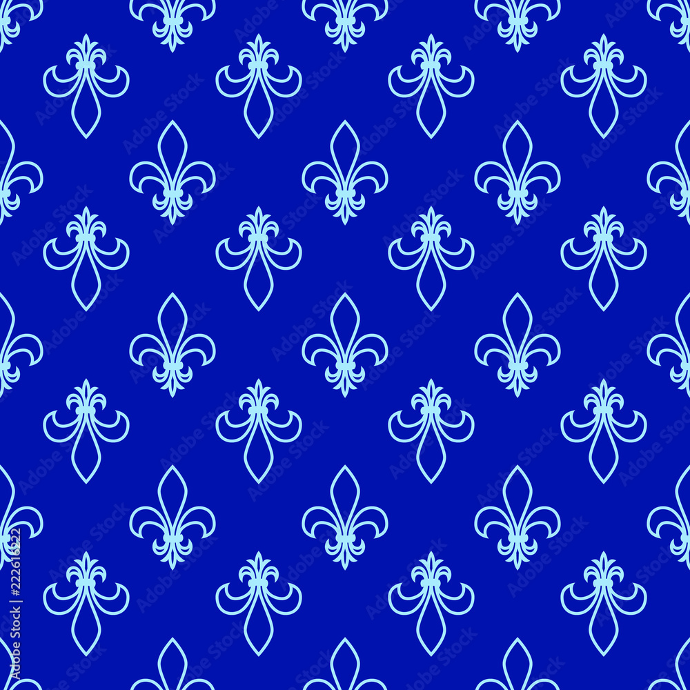 Seamless pattern. Fleur de lis. Linear graphics. Geometric symmetrical drawing. Blue background.