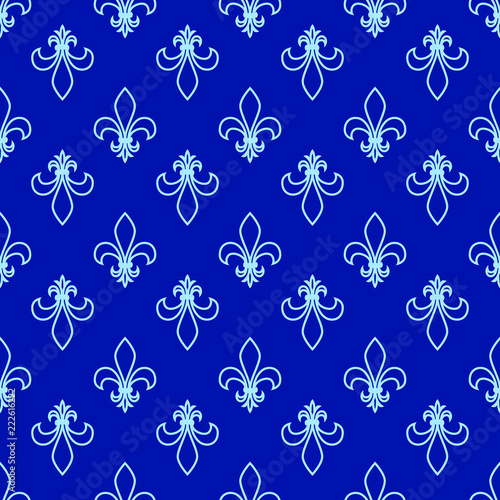 Seamless pattern. Fleur de lis. Linear graphics. Geometric symmetrical drawing. Blue background.