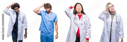 Collage of group of doctor, nurse, surgeon people over isolated background confuse and wonder about question. Uncertain with doubt, thinking with hand on head. Pensive concept.