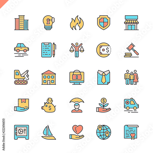 Flat line insurance icons set for website and mobile site and apps. Outline icons design. 48x48 Pixel Perfect. Linear pictogram pack. Vector illustration.