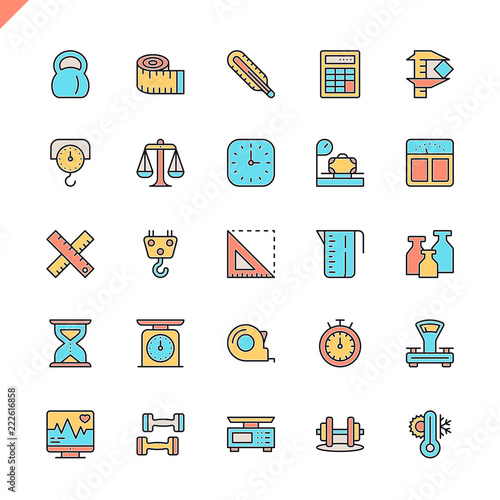 Flat line measuring, measure elements icons set for website and mobile site and apps. Outline icons design. 48x48 Pixel Perfect. Linear pictogram pack. Vector illustration.