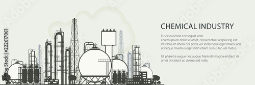 Industrial Chemical Plant Horizontal Banner , Refinery Processing of Natural Resources, Chemical Industry, Poster Brochure Flyer Design, Vector Illustration