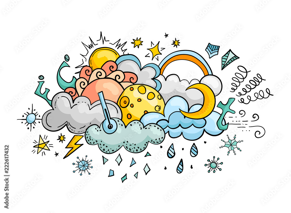Weather cartoon vector doodle illustration. Hand-drawn colorful design elements. Banner on the theme of climate. Stock Vector | Adobe Stock Weather cartoon vector doodle illustration. Hand-drawn colorful design elements. Banner on the theme of climate. Stock Vector | Adobe Stock