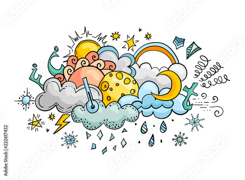 Weather cartoon vector doodle illustration. Hand-drawn colorful design elements. Banner on the theme of climate.