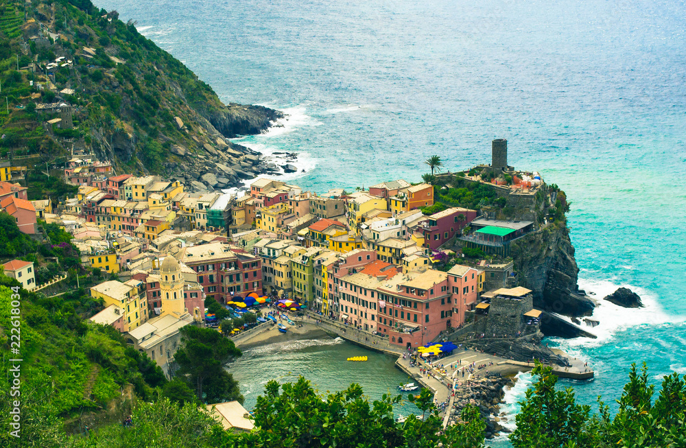 Beautiful view of Vernazza, one of the five famous colorful villages of Cinque Terre, Italy.