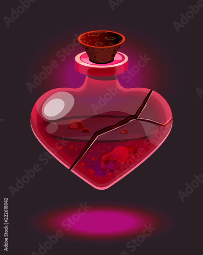 Little pink glossy isolatedgame icon, heart-shape bottle of love potion. Elixir of love with bubbles. transparent phial with blood. Crack in heart shape vial. Valentin day mixture. Magic poison icon. 