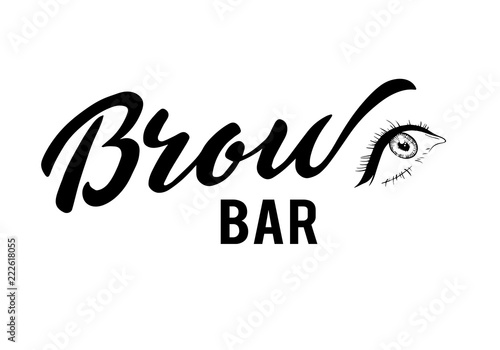 vector lettering of Brow bar text for logotype with female eyes sketch. Illustration on the glass the beauty salon.