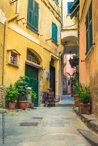 Fototapeta Naklejka Na Ścianę i Meble -  Traditional street in a summer day in Vernazza, Italy.