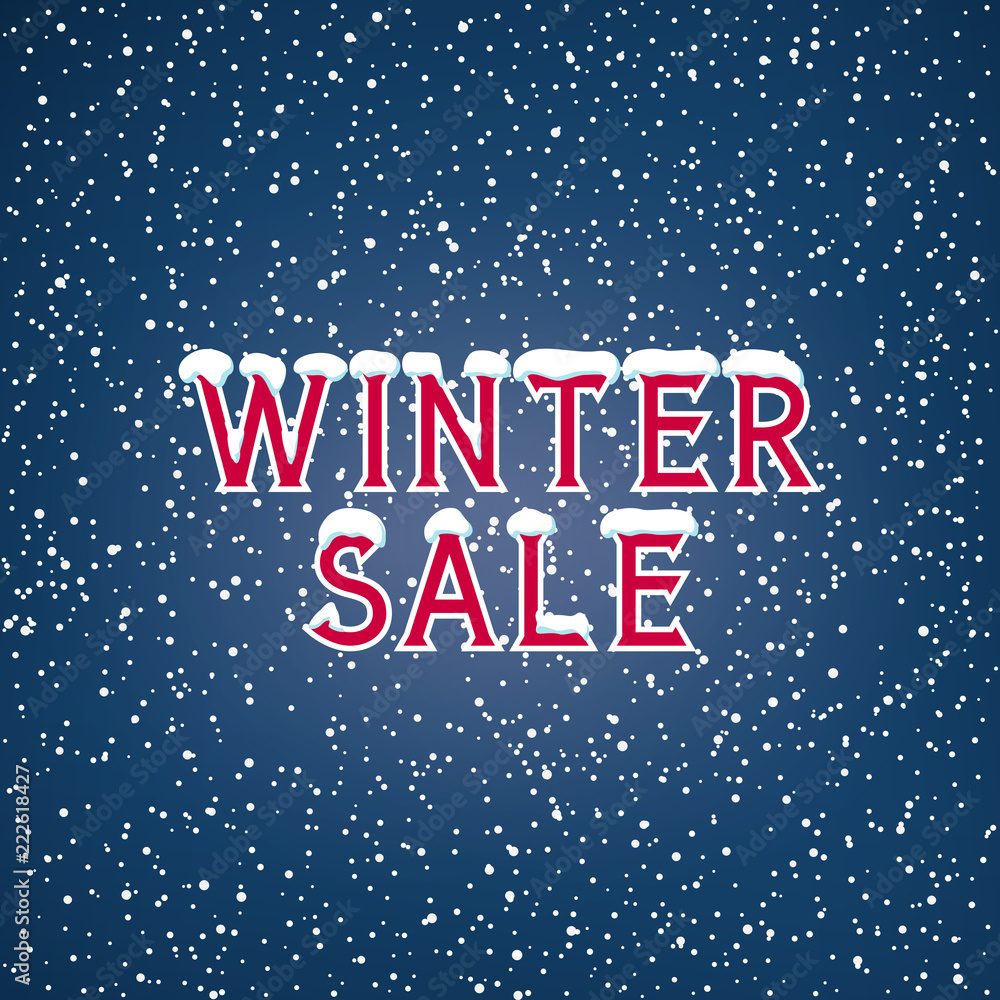 Holiday Winter Background ,Snow on the Letters Winter Sale, Snowfall in the Night Sky , White Snowflakes on Dark Blue Background, Vector Illustration