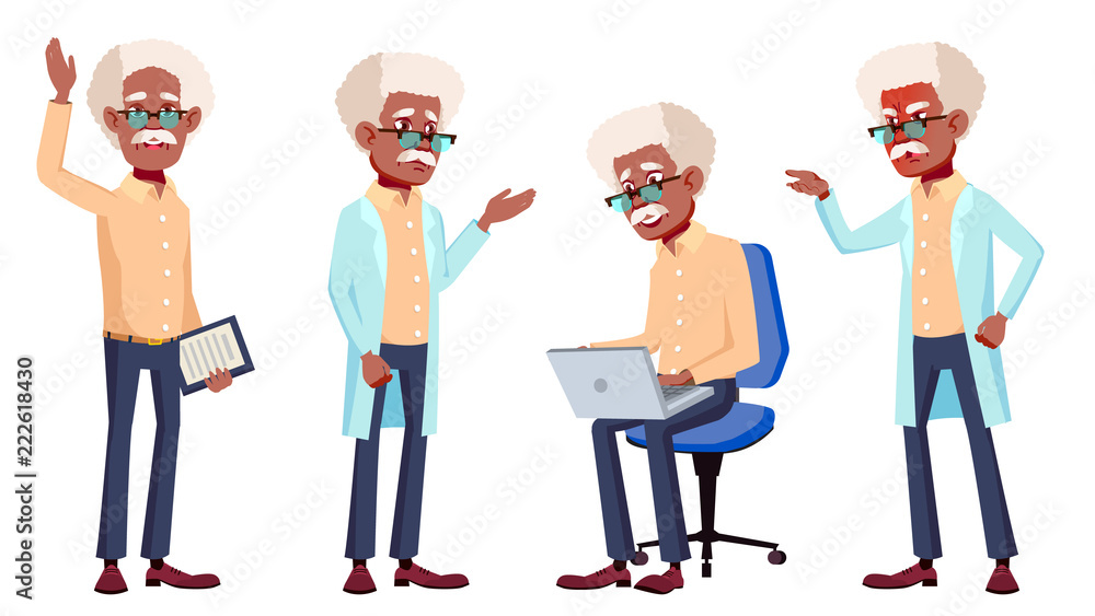 Old Man Poses Set Vector. Black. Afro American. Elderly People. Senior Person. Aged. Isolated Cartoon Illustration Old Man Poses Set Vector. Black. Afro American. Elderly People. Senior Person. Aged. Isolated Cartoon Illustration