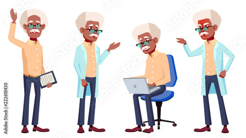 Old Man Poses Set Vector. Black. Afro American. Elderly People. Senior Person. Aged. Isolated Cartoon Illustration