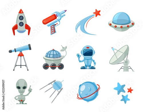 Space cartoon icons. Spaceship rocket astronaut UFO