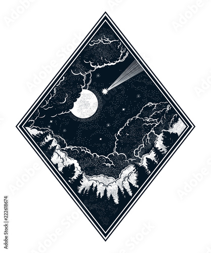 Forest and night sky in the shape of a rhombus