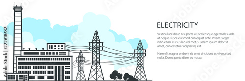 Banner of Electric Power Transmission, Power Station and High Voltage Power Lines Supplies Electricity and Text, Vector Illustration