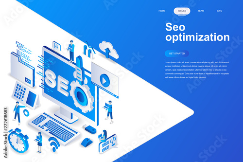 Seo optimization modern flat design isometric concept. Search engine and people concept. Landing page template. Conceptual isometric vector illustration for web and graphic design.