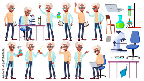 Old Man Poses Set Vector. Black. Afro American. Elderly People. Senior Person. Aged. Beautiful Retiree. Life. Card, Advertisement Design. Isolated Cartoon Illustration