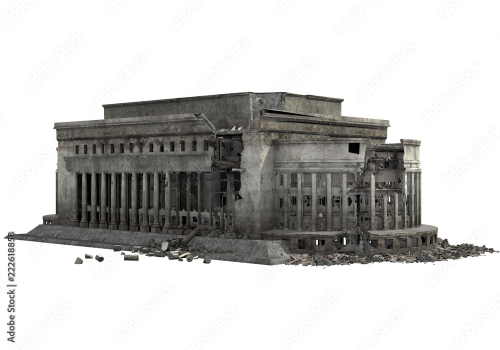 Obraz premium Ruined Building Isolated On White 3D Illustration