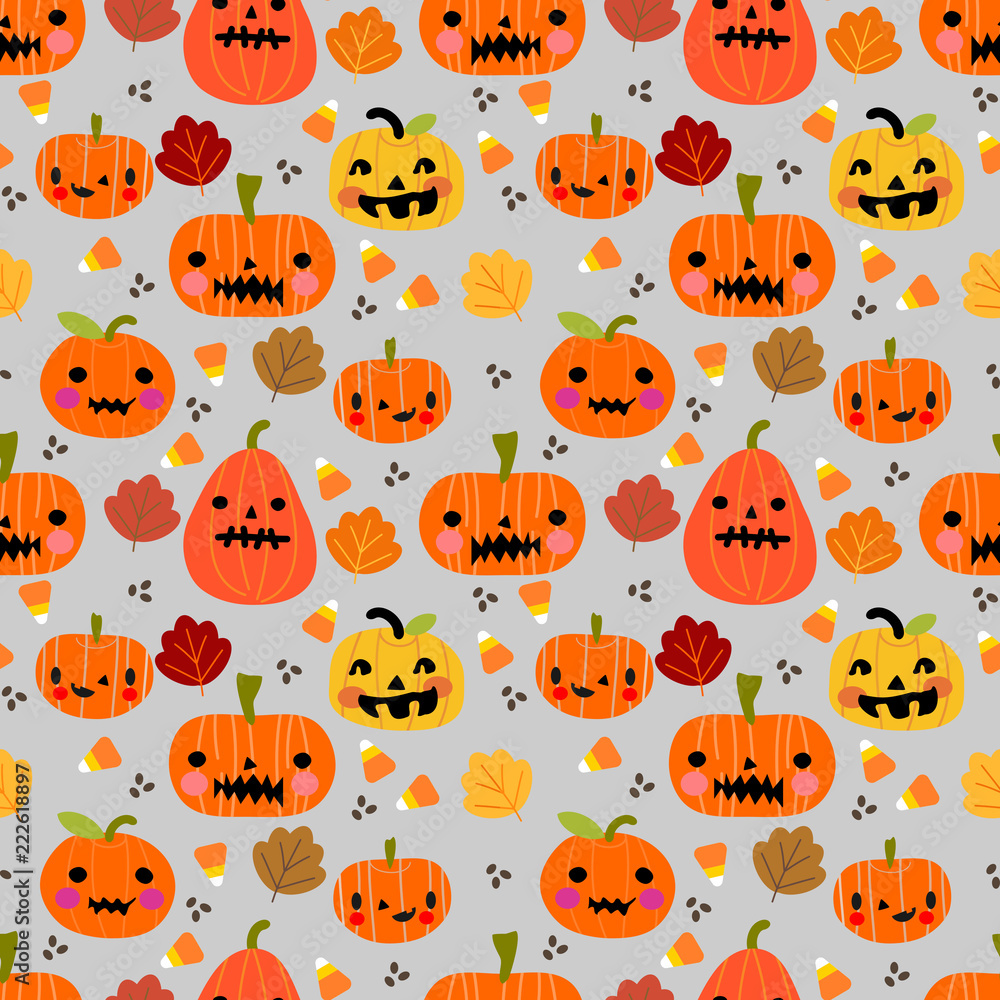 Cute Halloween pumpkins and leaves seamless pattern. Halloween and autumn concept.