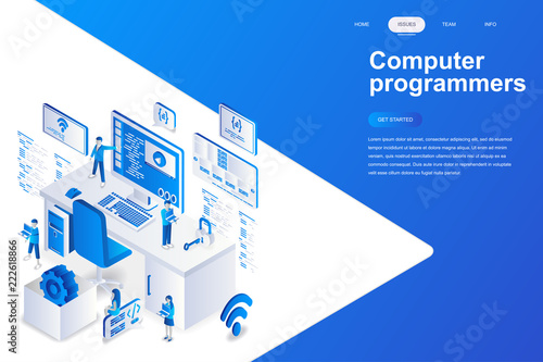 Computer programmers modern flat design isometric concept. Software development and people concept. Landing page template. Conceptual isometric vector illustration for web and graphic design.