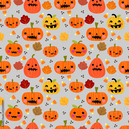 Cute Halloween pumpkins and leaves seamless pattern. Halloween and autumn concept.
