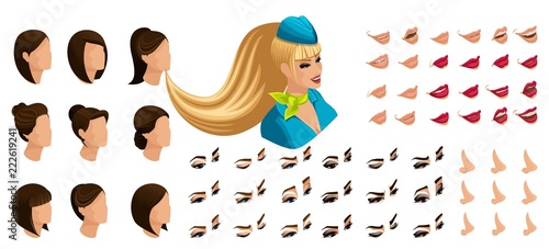 Isometry of the stewardess girl with a set of emotions for the creation of her character. A large set of lips, hair, eyes, nose. Beauty Facial Designer set 2