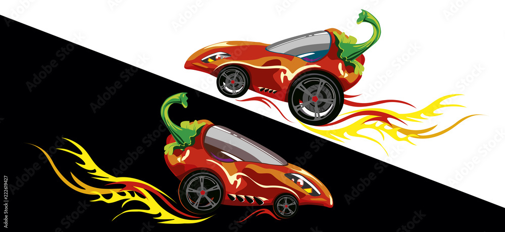 two cars made of chili peppers on a counter background