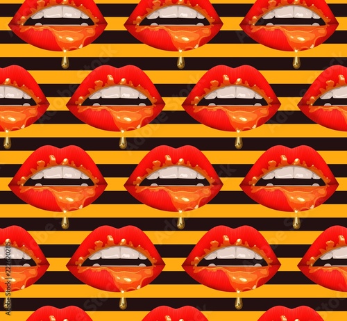Honey dripping lips, vector seamless pattern