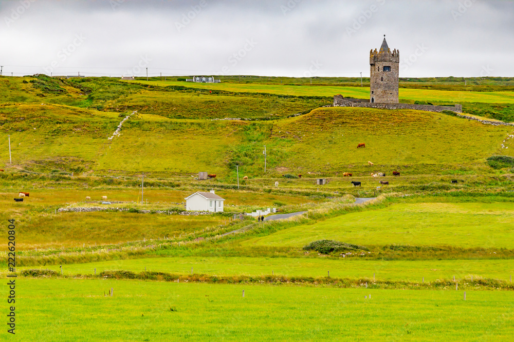 Doonagore Castle with farm fields around
