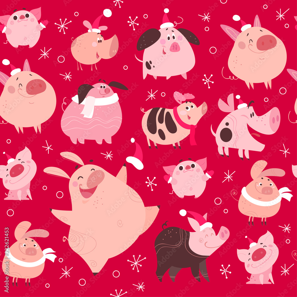 Vector flat seamless pattern with christmas snow flake elements and funny pig in santa hat characters design isolated on red background. Perfect for cards, packaging paper, decoration etc.