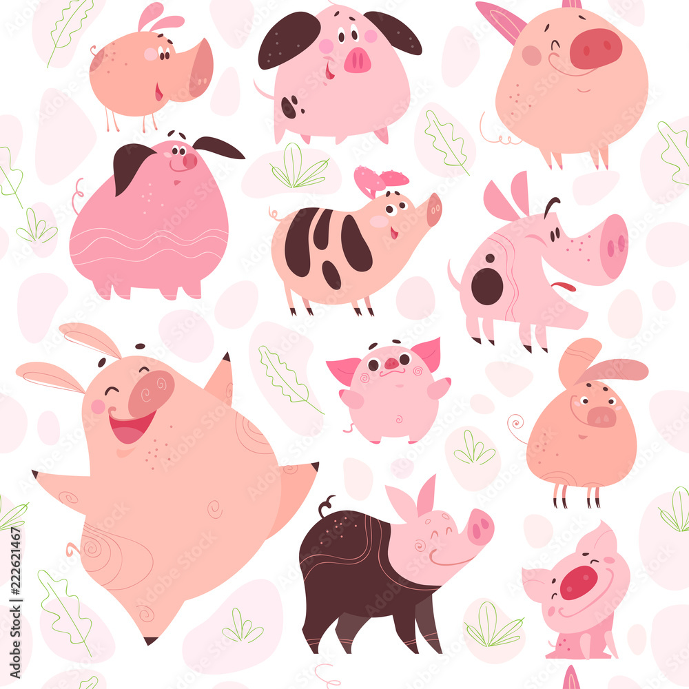 Vector flat seamless pattern with floral elements and funny pig icharacters design isolated on white background. Perfect for cards, packaging paper, decoration, nursery, children prints etc. Vector flat seamless pattern with floral elements and funny pig icharacters design isolated on white background. Perfect for cards, packaging paper, decoration, nursery, children prints etc.