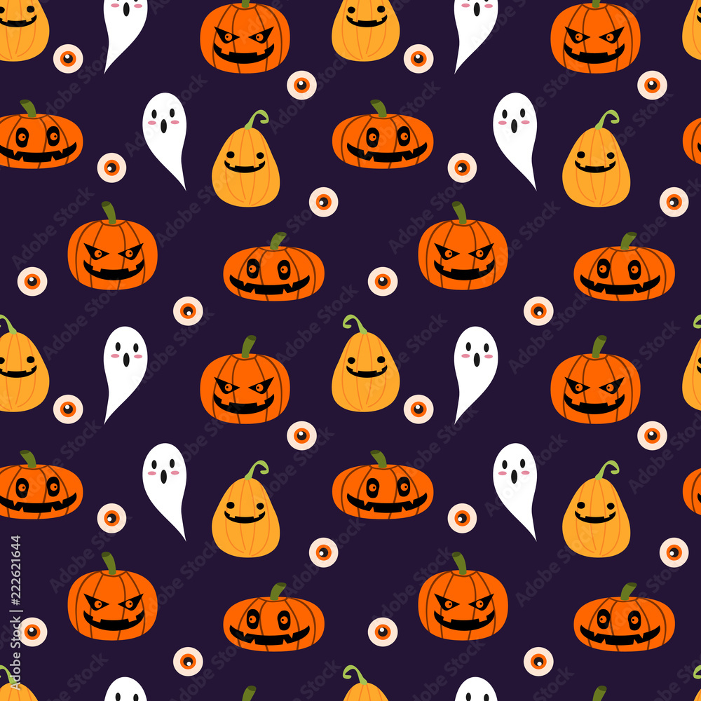 Halloween pumpkins, ghost and eyeball seamless pattern. Horror Halloween concept. Halloween pumpkins, ghost and eyeball seamless pattern. Horror Halloween concept.