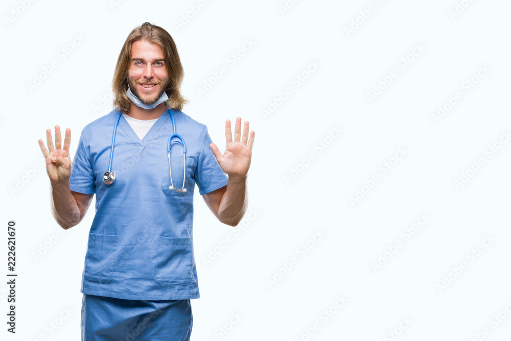 Young handsome doctor man with long hair over isolated background showing and pointing up with fingers number nine while smiling confident and happy. Young handsome doctor man with long hair over isolated background showing and pointing up with fingers number nine while smiling confident and happy.