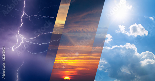 Weather forecast concept, collage of variety weather conditions