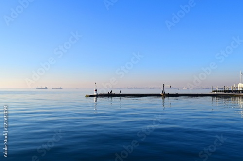 Seafront of Thessaloniki, Greece. Blue sea in front of the sailing club. 