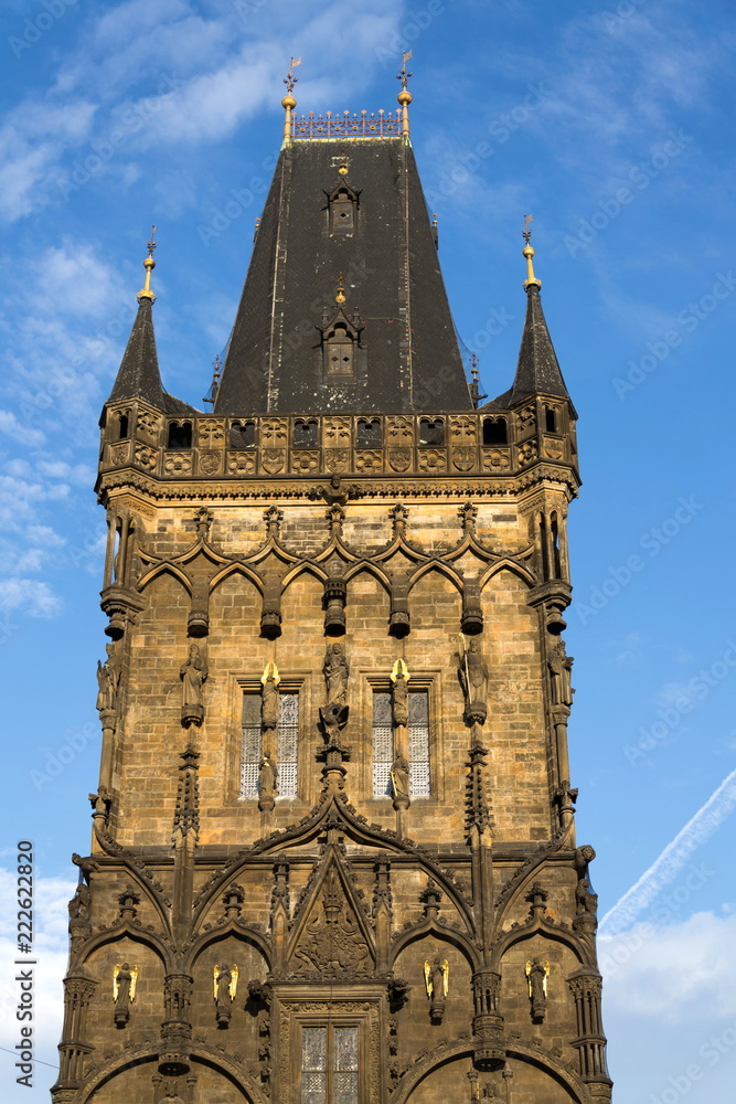 Powder Gate Tower architecture detail, the Royal Route start, Old Town, UNESCO World Heritage Site, Prague, Czech Republic, sunrise sunny day